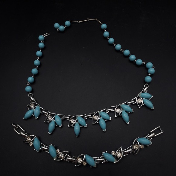 Bogoff Blue Thermoset Plastic Necklace Bracelet Jewelry Set Vintage Costume - Picture 1 of 9